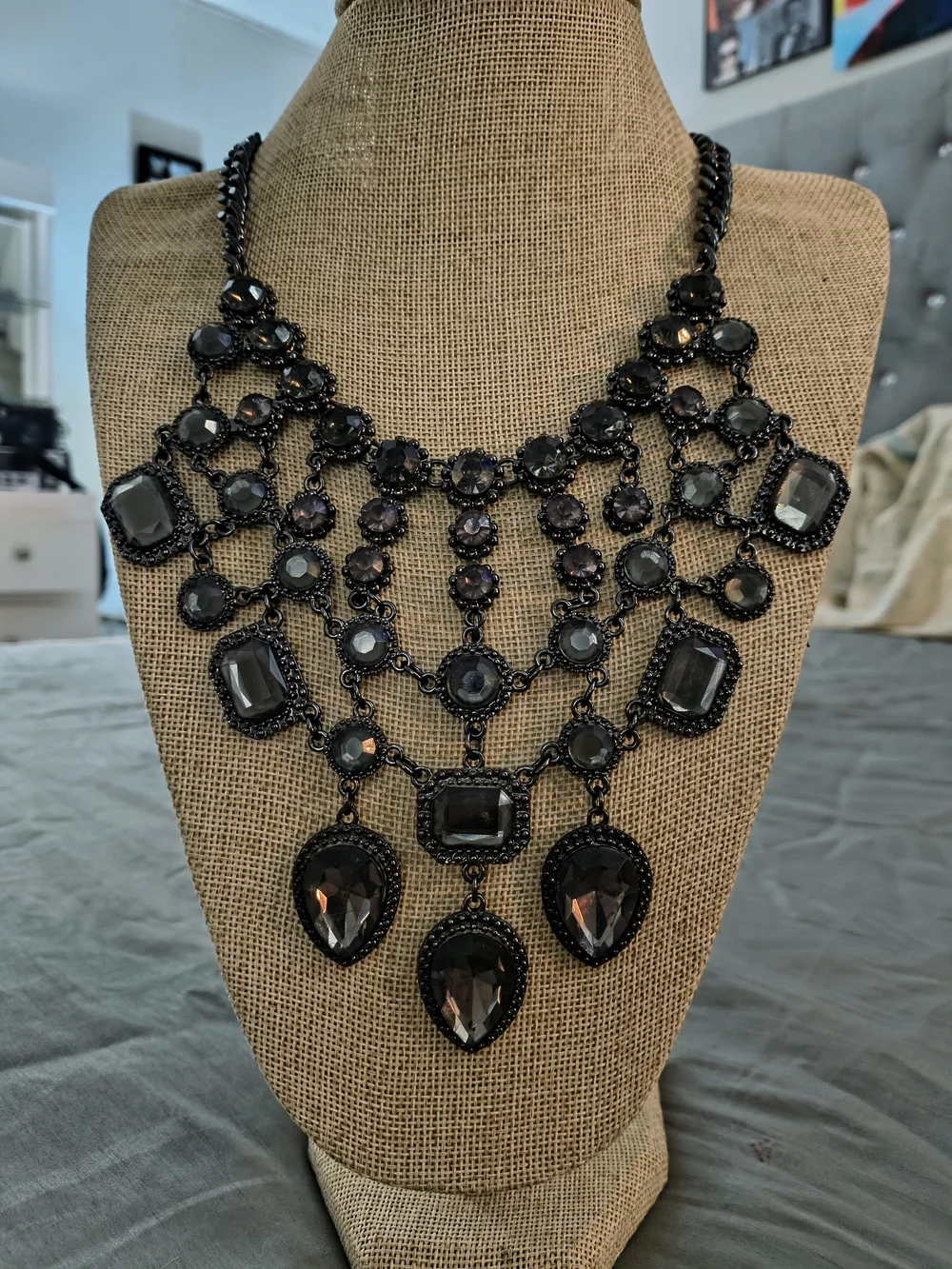 Dramatic Black Gunmetal Crystal Statement Bib Necklace • Gothic Glam • Layered